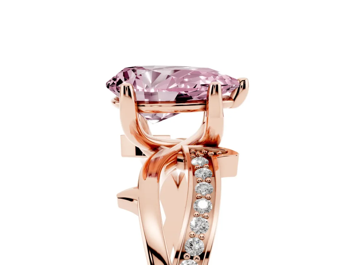 Fancy Pink Pear Cut Solitaire Twist Band with Pavé Accents and Four-Prong Setting Rose gold