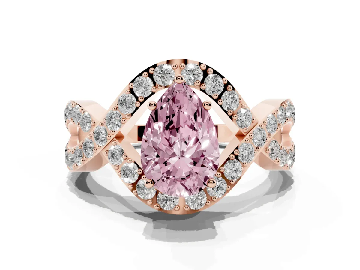 Fancy Pink Pear Cut Solitaire Twist Band Pavé Diamond Engagement Ring Rose gold