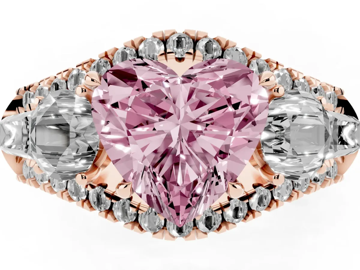 Fancy Pink Three-Stone Heart Cut Diamond Engagement Ring with Pave Band and Prong Setting Rose gold