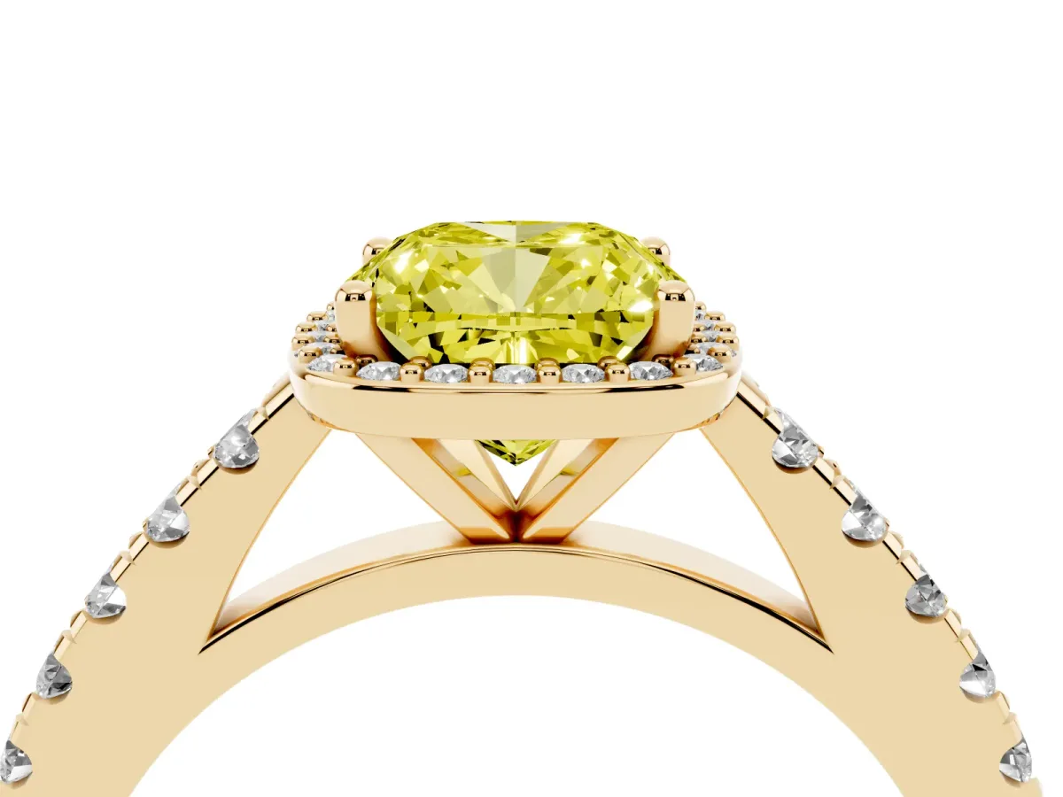 Fancy Yellow Cushion Cut Cut Halo Diamond Engagement Ring with Pave Band and Four-Prong Setting Yellow gold
