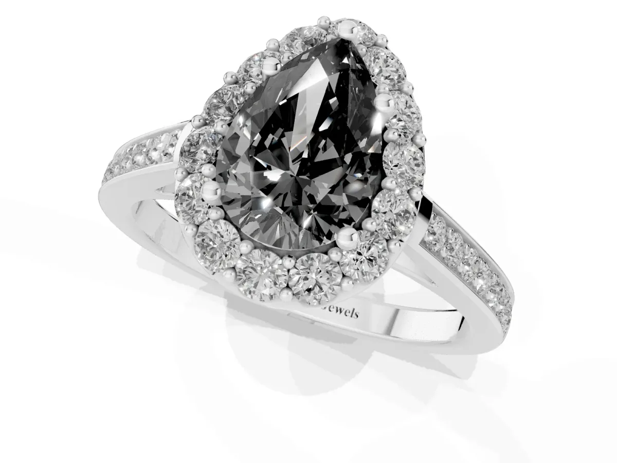 Fancy Black Pear Cut Diamond Floral Halo Ring with Pavé Band and Prong Setting Silver