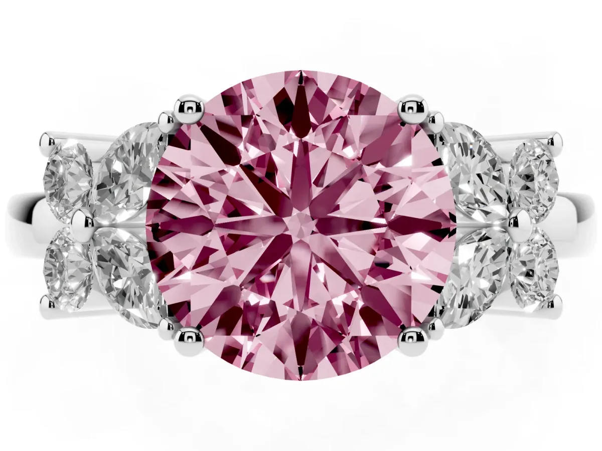 Fancy Pink Round Cut Diamond Floral Cluster Ring with Solitaire Band and Prong Setting Silver
