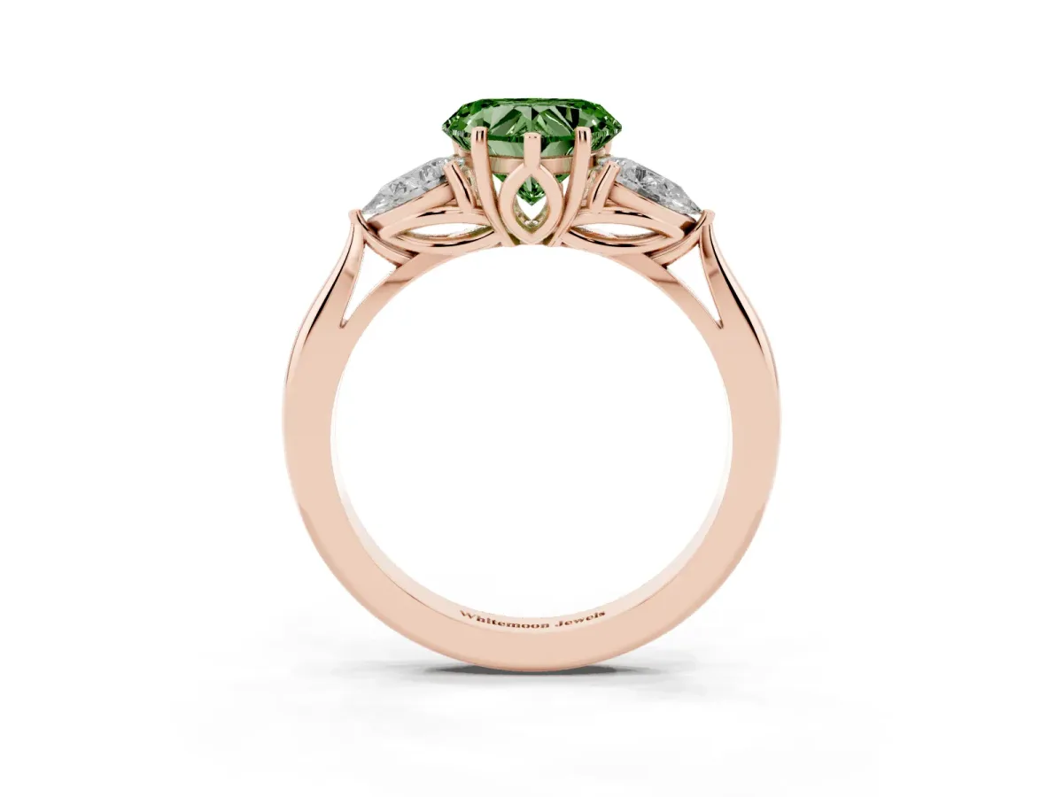 Fancy Green Three-Stone Heart Cut Diamond Ring with Pear Side Stones in Four-Prong Setting Rose gold