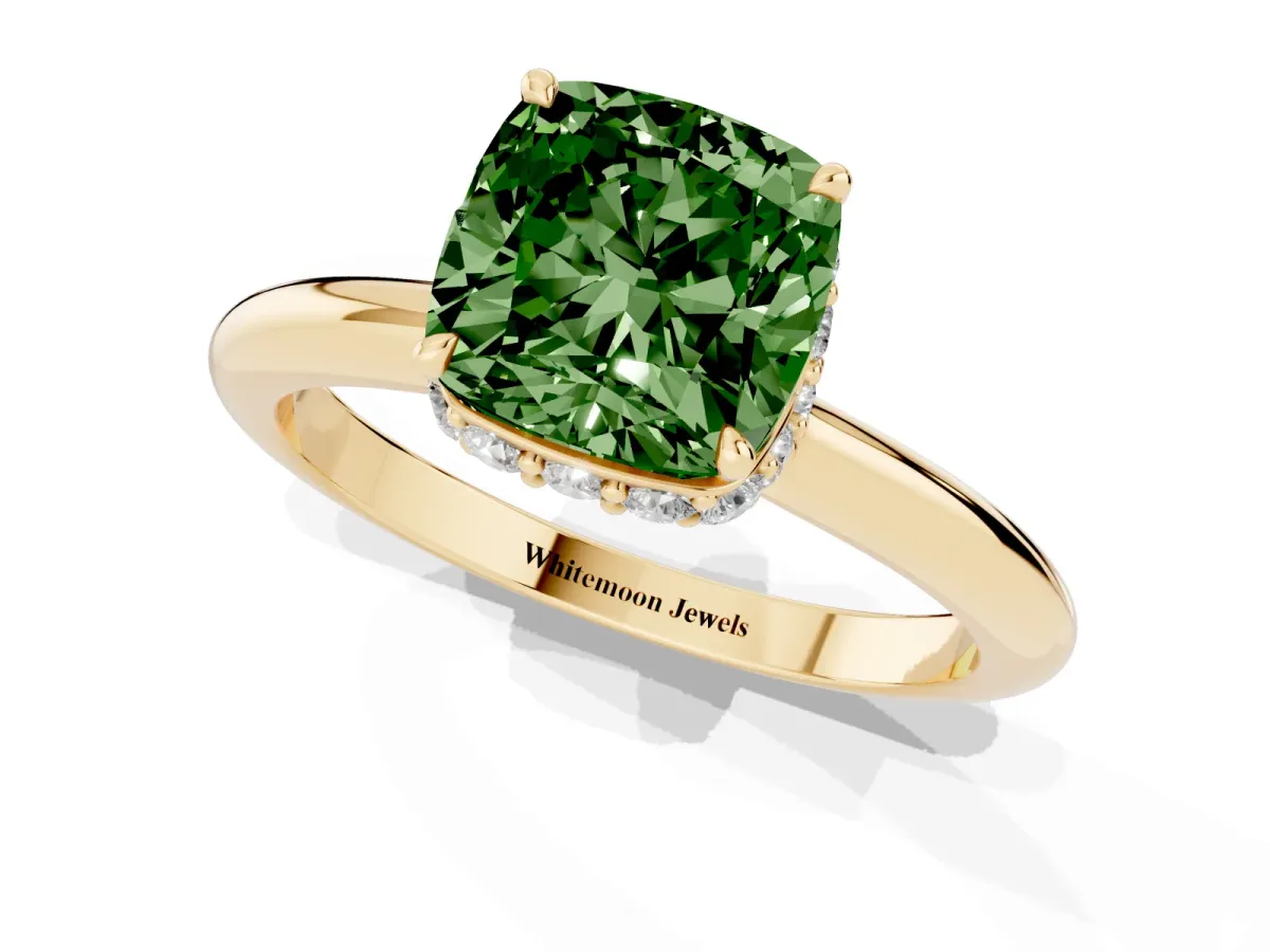 Fancy Green Cushion Cut Brilliant Solitaire Engagement Ring with Six-Prong Setting and Classic Band Yellow gold