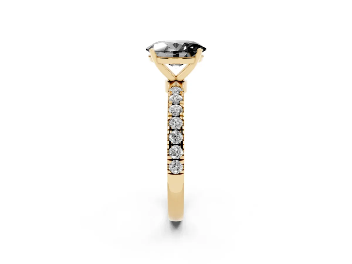 Fancy Black Oval Cut Diamond Solitaire Ring with Pavé Accents and Four-Prong Setting Yellow gold