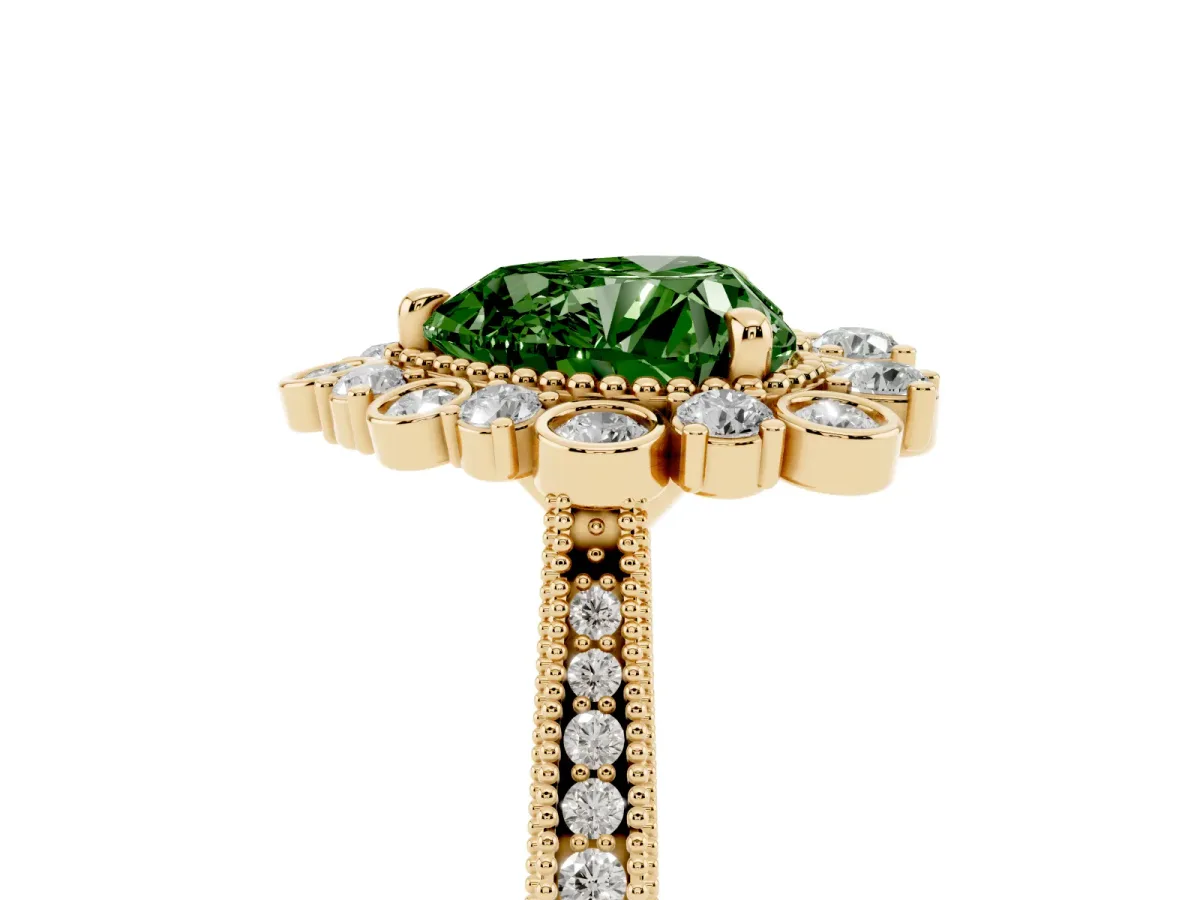 Fancy Green Heart Cut Halo Milgrain Pave Diamond Ring with Four-Prong Setting Yellow gold