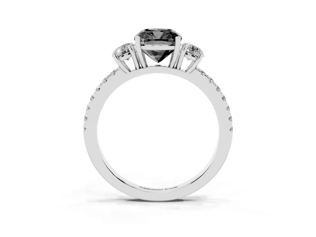 Fancy Black Three-Stone Cushion Cut Cut Diamond Pavé Band with Prong Setting Platinum