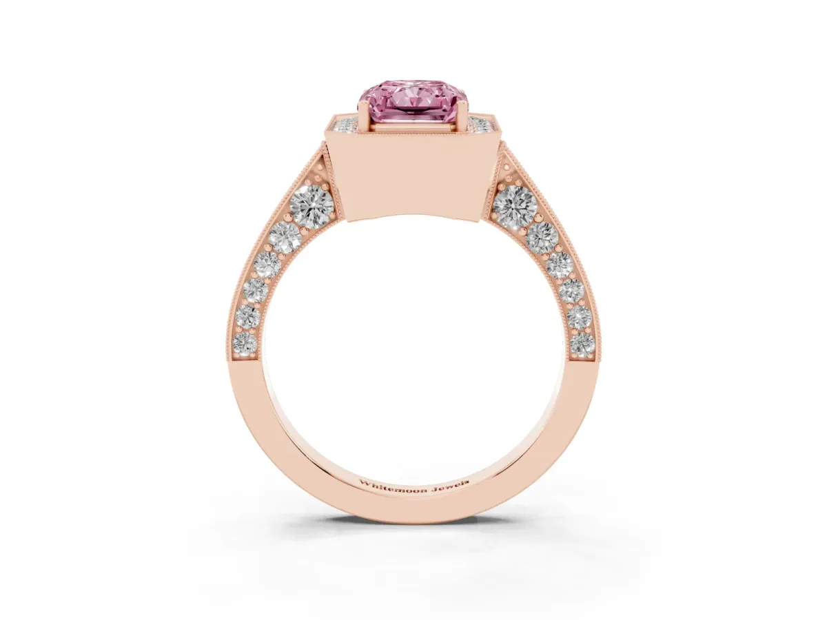 Fancy Pink Radiant Cut Halo Diamond Engagement Ring with Split Shank Band and Four-Prong Setting Rose gold