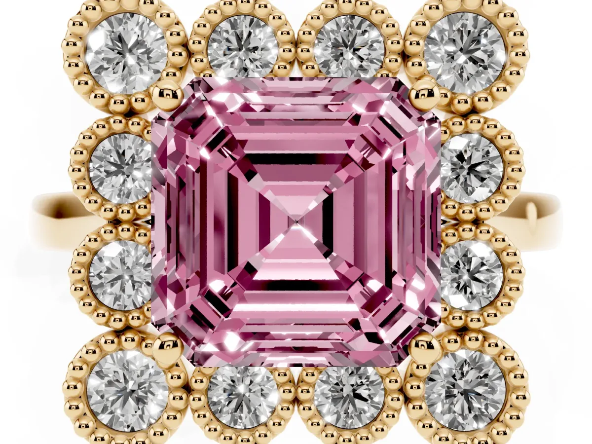 Fancy Pink Asscher Cut Halo Diamond Cluster Engagement Ring with Milgrain Bezel Setting and Solitaire Band Yellow gold