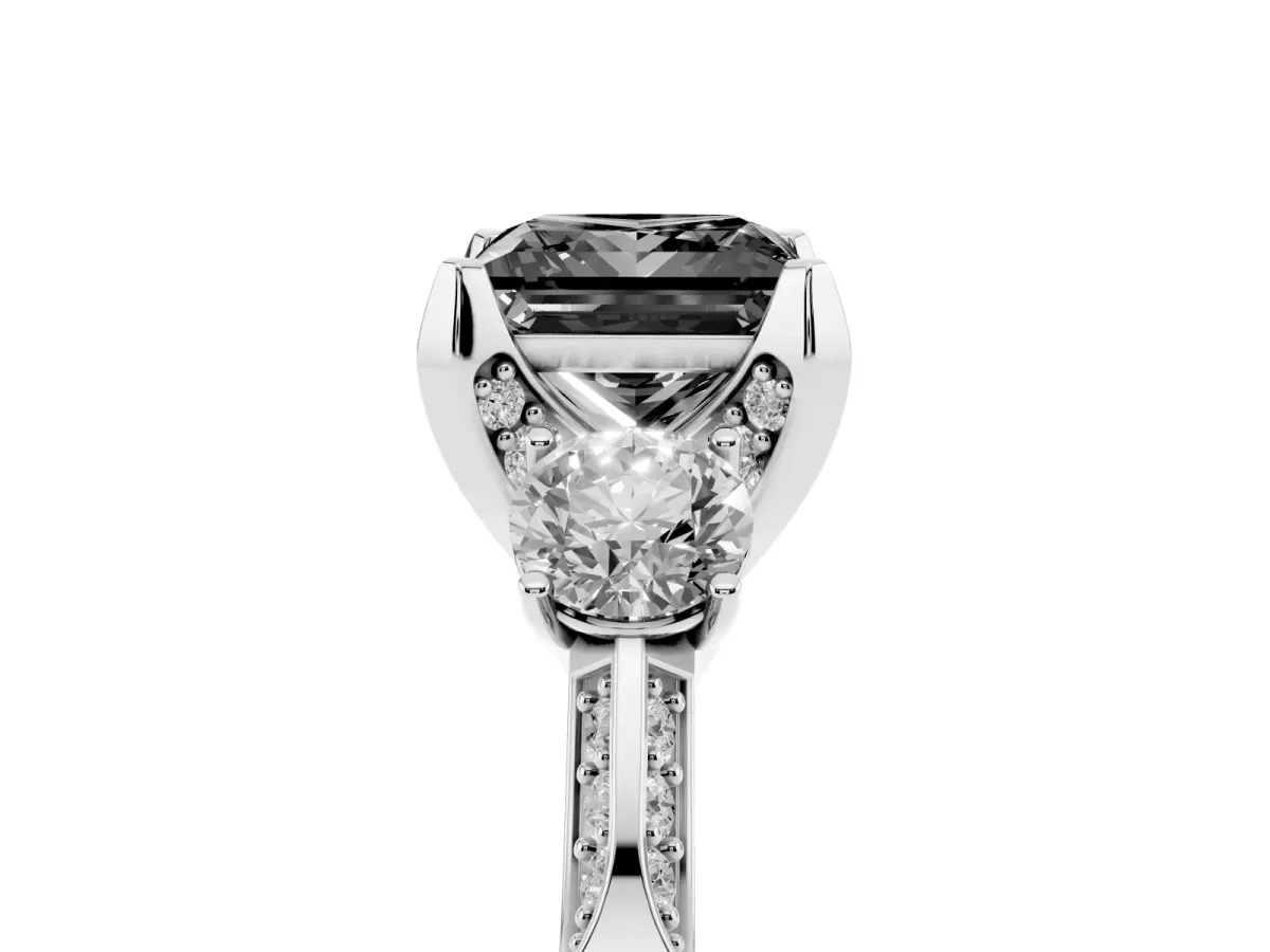 Fancy Black Princess Cut Brilliant Three-Stone Diamond Ring with Pavé Band and Four-Prong Setting Silver