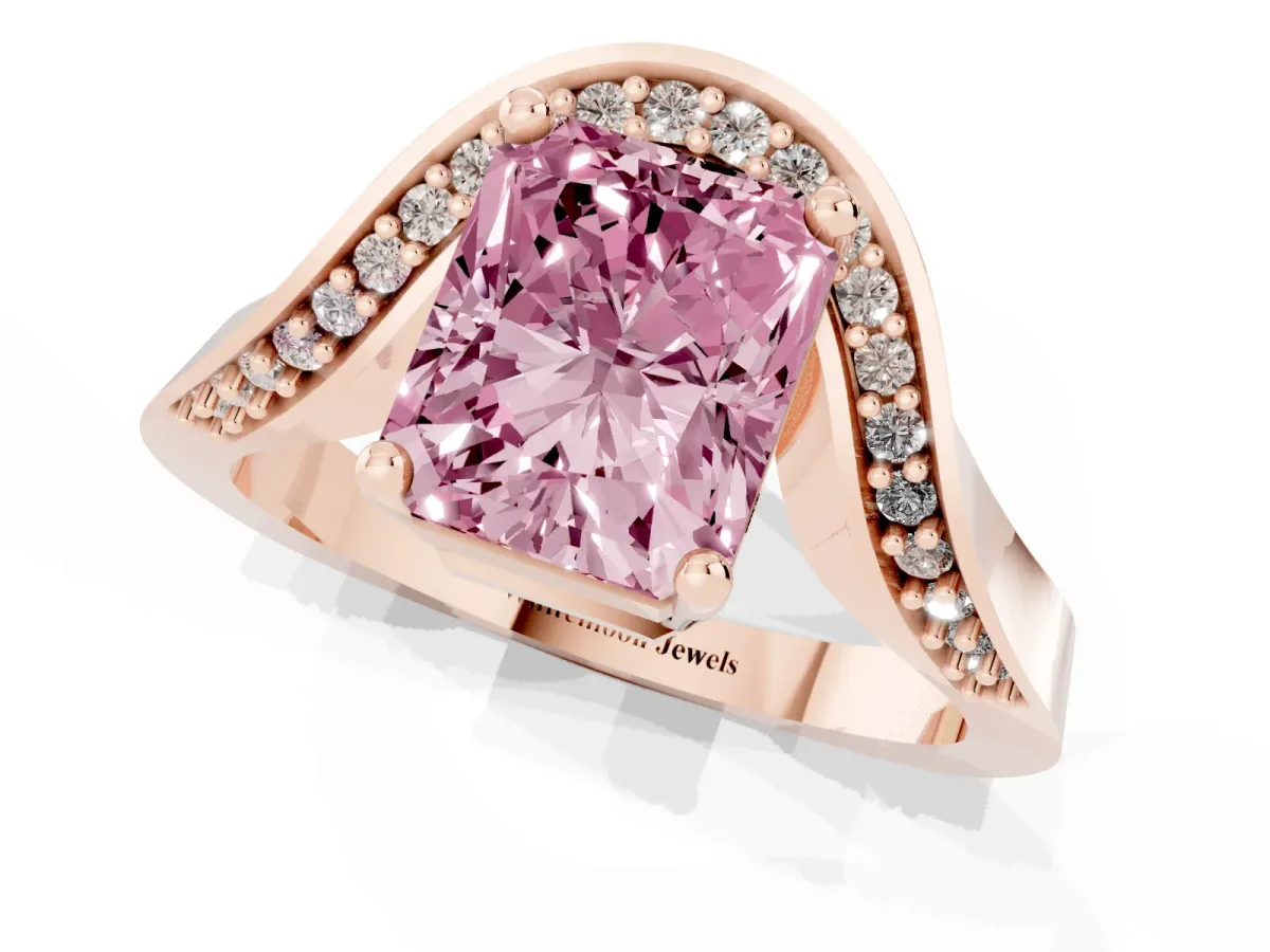 Fancy Pink Radiant Cut Solitaire Diamond Engagement Ring with Pave Band and Four-Prong Setting Rose gold