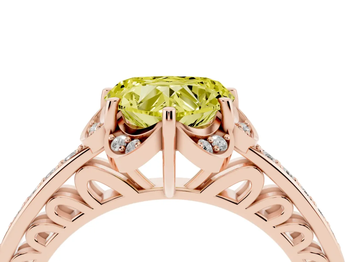 Fancy Yellow Heart Cut Cut Halo Diamond Ring with Channel Set Band and Four-Prong Setting Rose gold