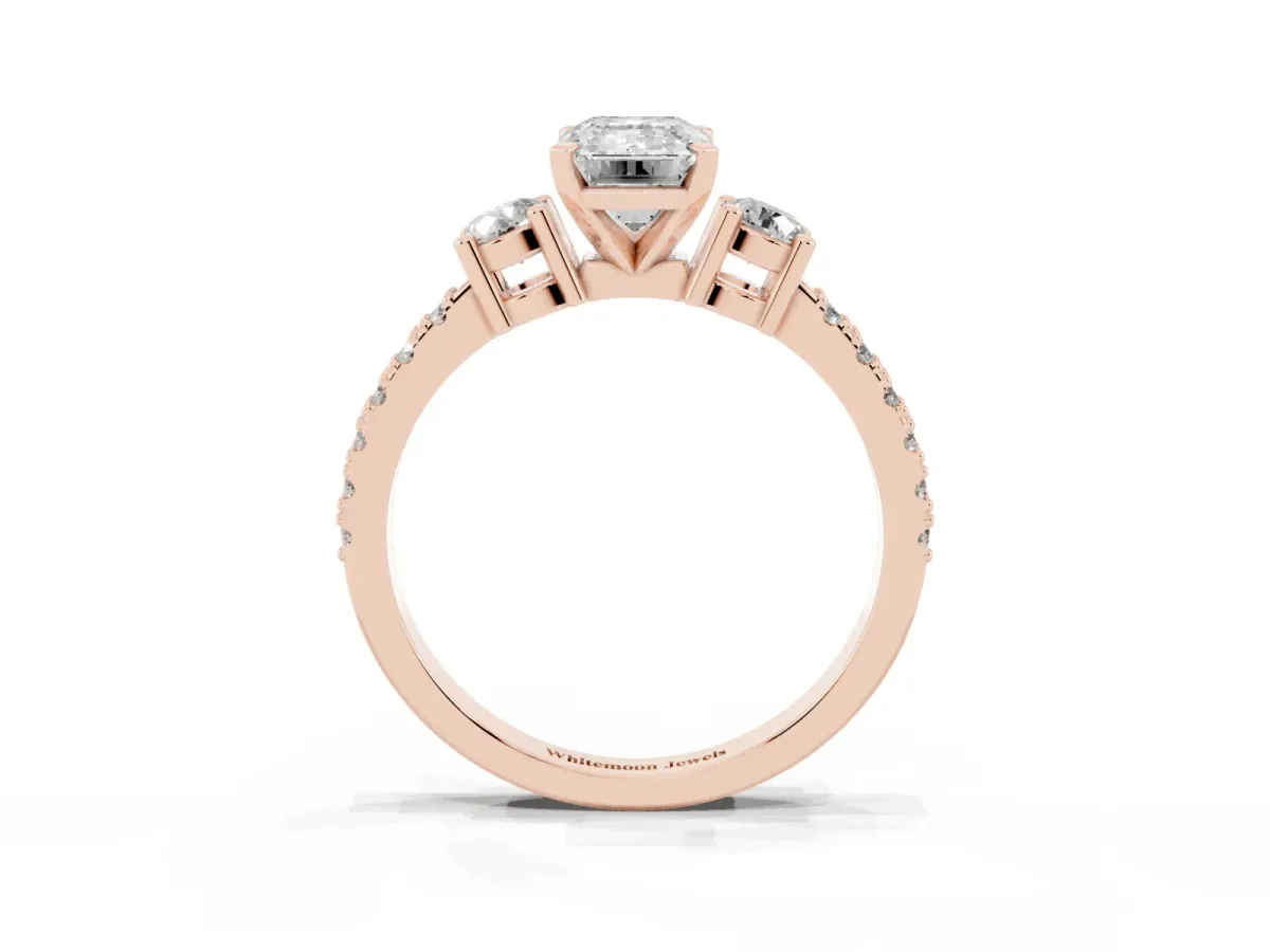 Emerald Cut Three-Stone Diamond Pavé Band with Prong Setting Rose gold