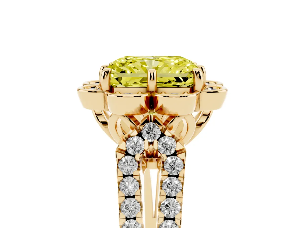 Fancy Yellow Radiant Cut Halo Diamond Floral Split Shank Engagement Ring Yellow gold