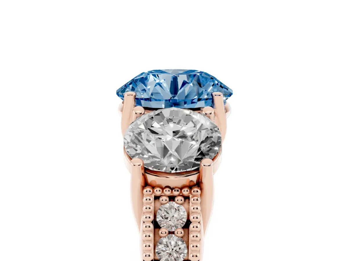 Fancy Blue Three-Stone Round Cut Cut Milgrain Pavé Engagement Ring Rose gold