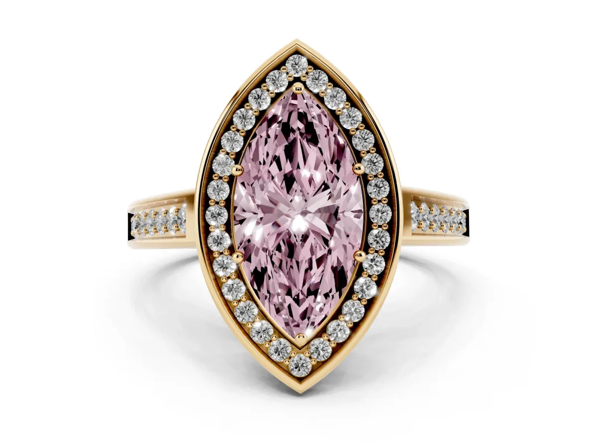 Fancy Pink Marquise Cut Halo Solitaire Diamond Ring with Pave Band and Bezel Setting Yellow gold