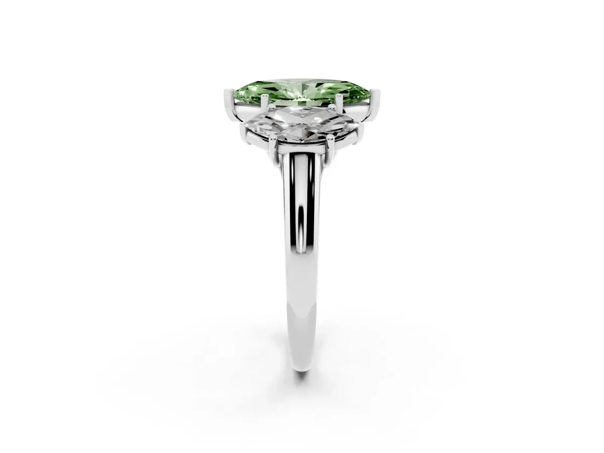 Fancy Green Three-Stone Marquise Cut Diamond Engagement Ring with Prong Setting Silver