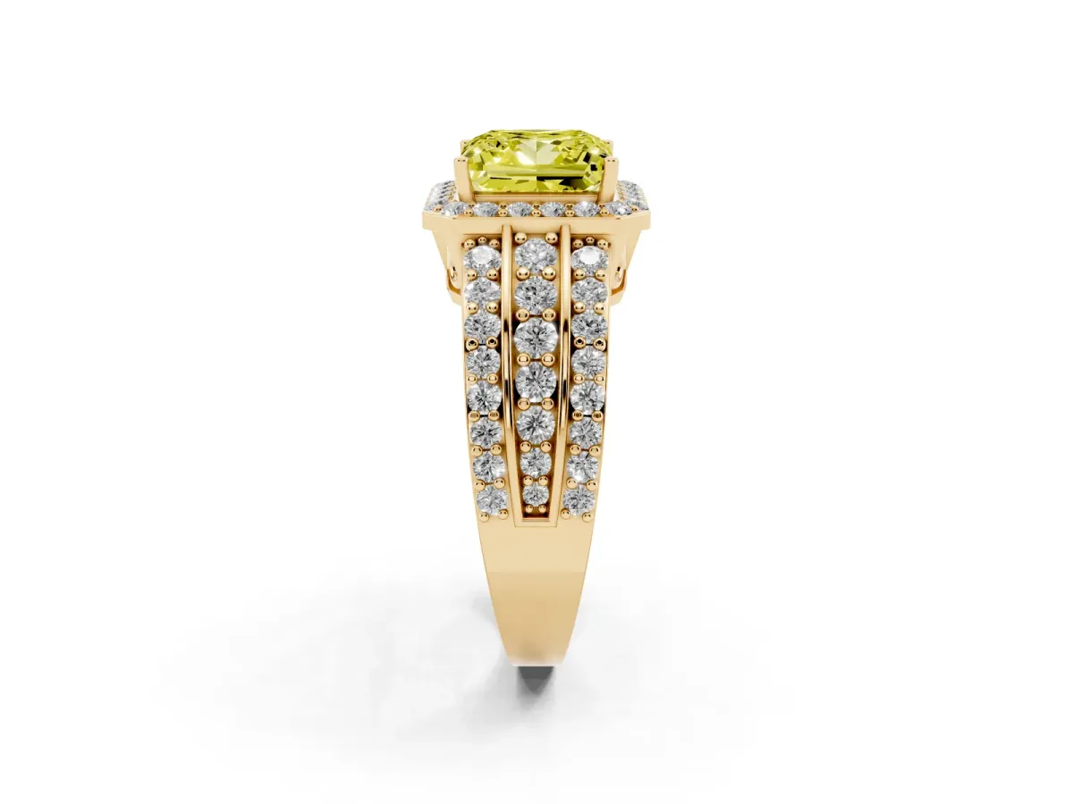 Fancy Yellow Princess Cut Halo Diamond Ring with Round Split Shank and Prong Setting Yellow gold