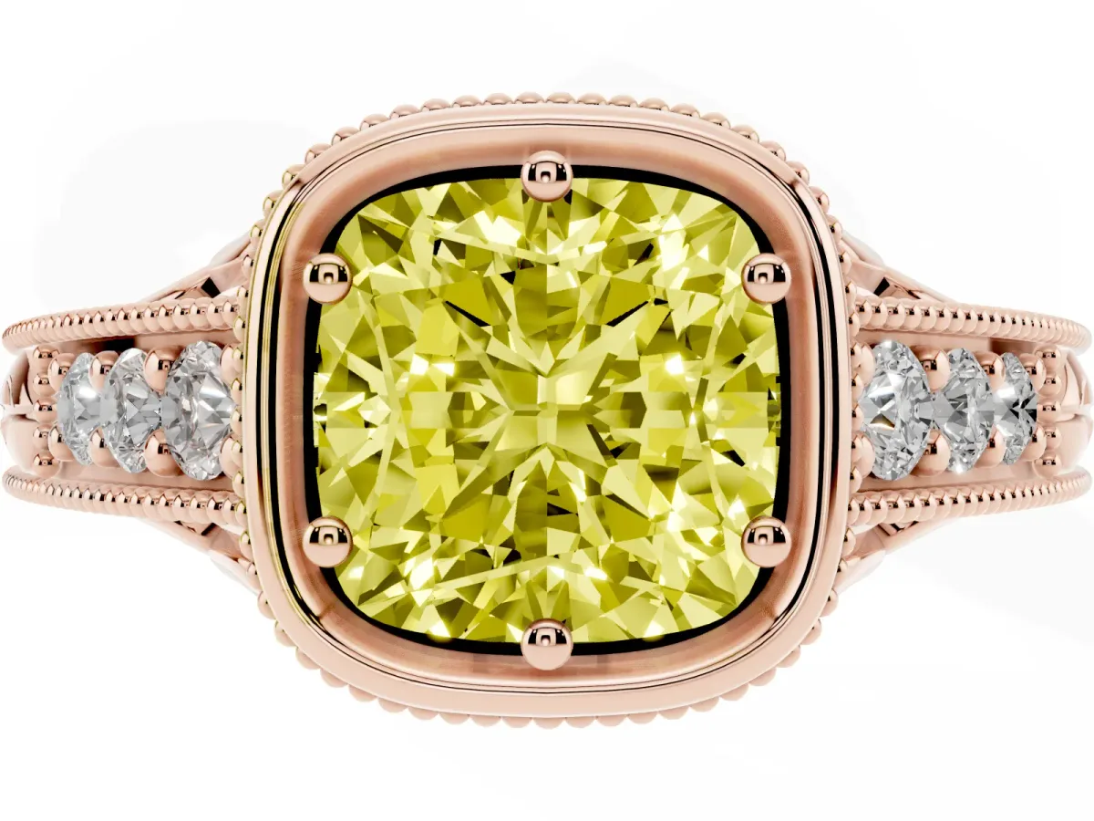 Fancy Yellow Bezel Set Cushion Cut Diamond Milgrain Pave Engagement Ring Rose gold