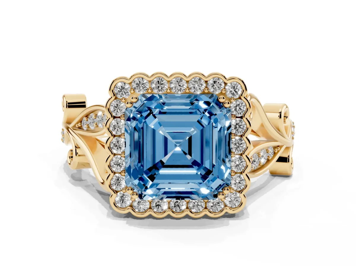 Fancy Blue Asscher Cut Diamond Halo Ring with Vintage Split Shank and Four-Prong Setting Yellow gold