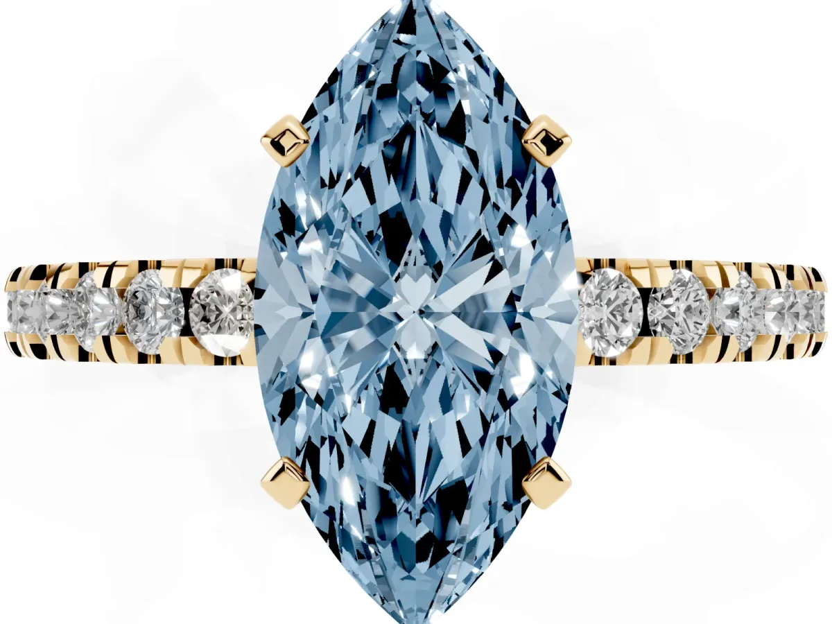 Fancy Blue Marquise Cut Solitaire Diamond with Pavé Band and Four-Prong Setting Yellow gold