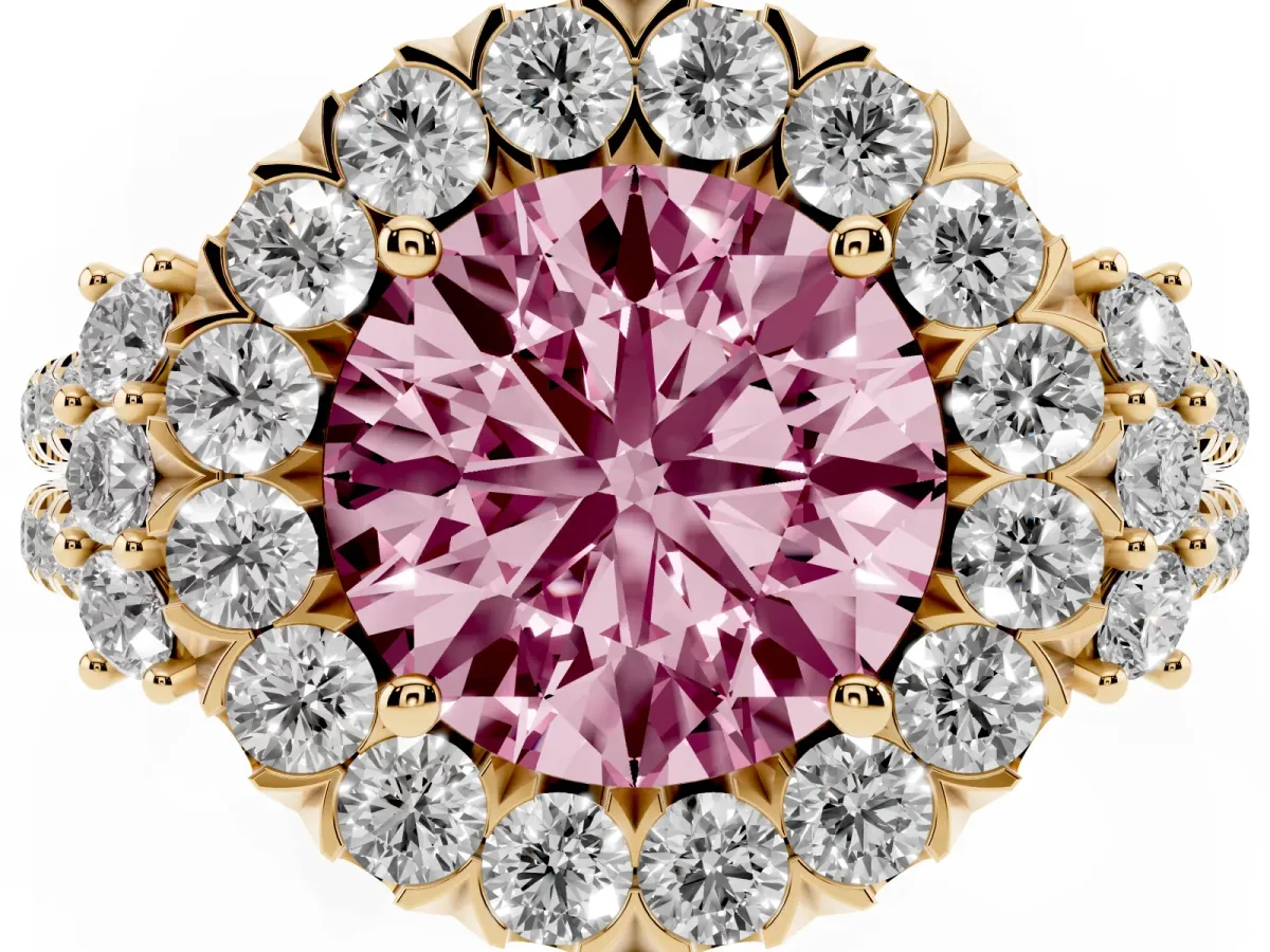 Fancy Pink Round Cut Cut Double Halo Diamond Engagement Ring with Pave Band and Four-Prong Setting Yellow gold