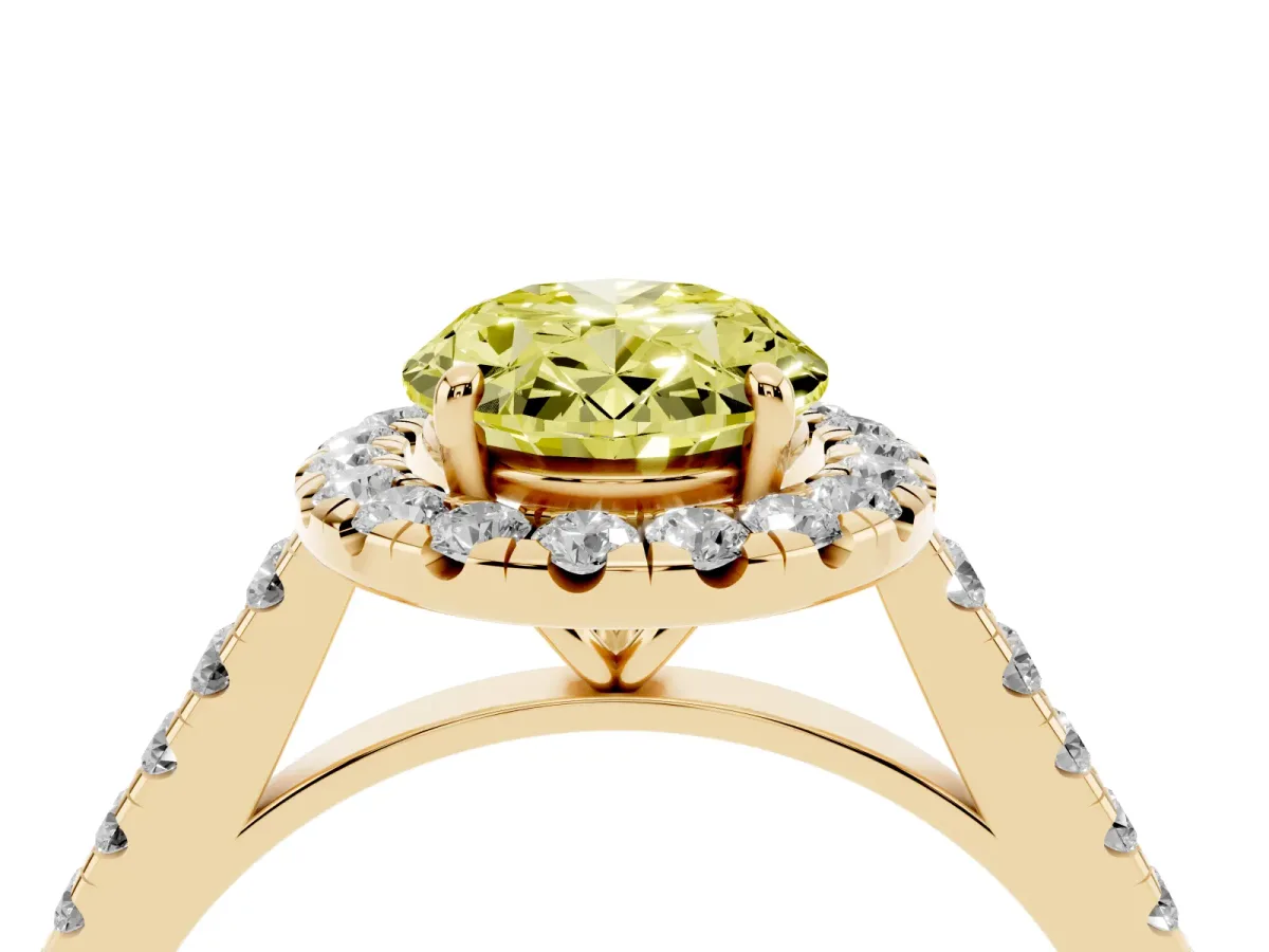 Fancy Yellow Oval Cut Halo Pave Diamond Engagement Ring with Four-Prong Setting Yellow gold
