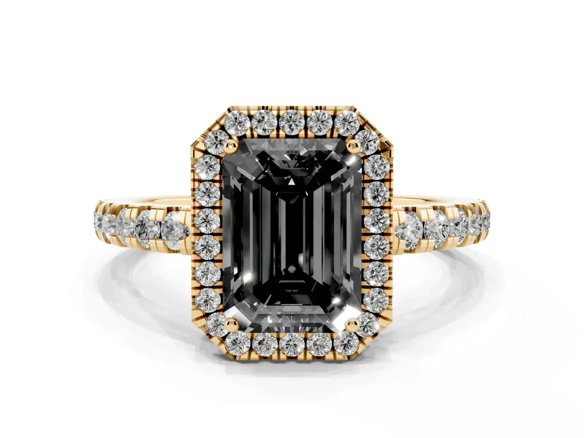 Fancy Black Emerald Cut Diamond Halo Ring with Pavé Band and Four-Prong Setting Yellow gold