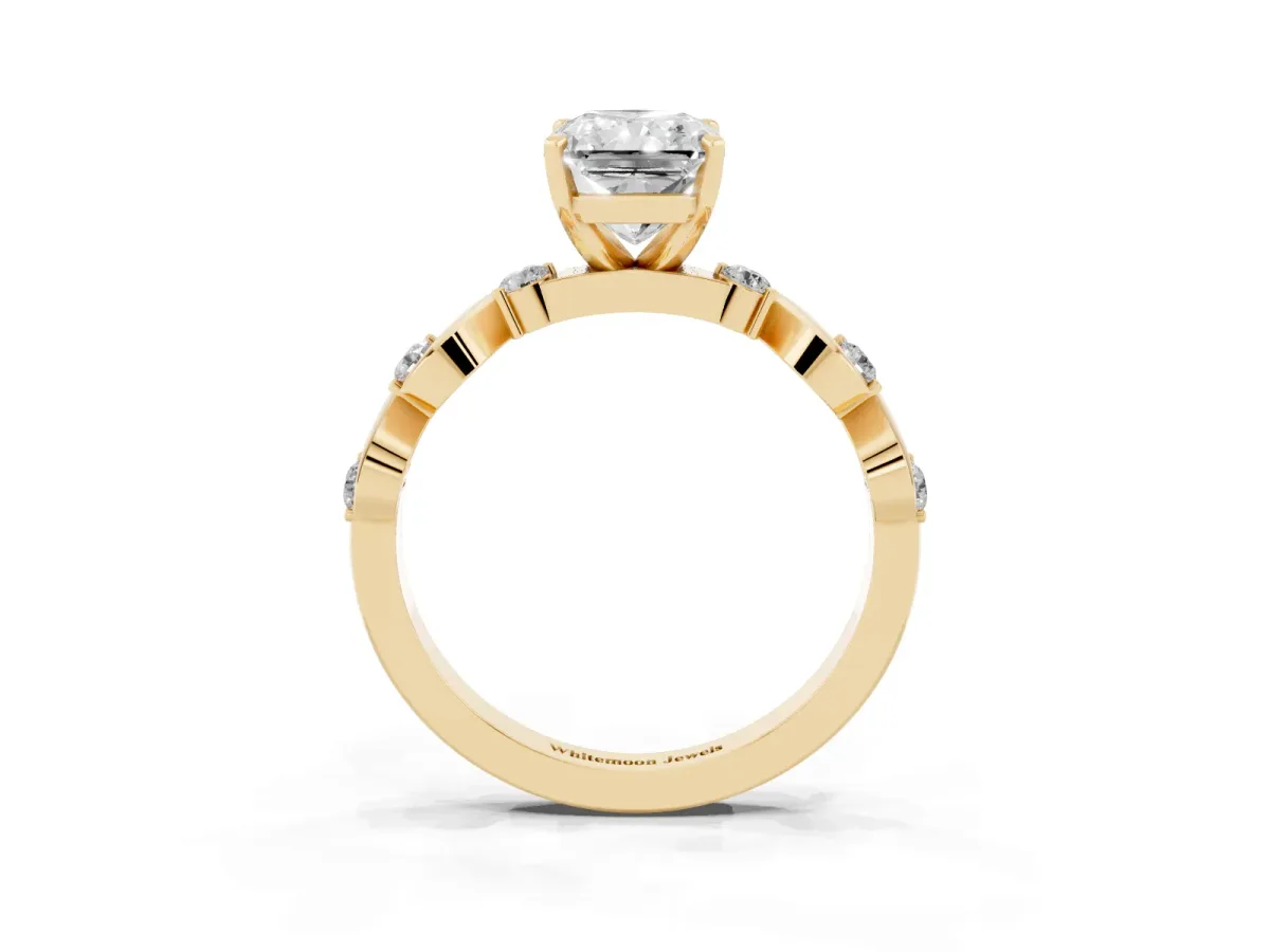 Radiant Cut Diamond Solitaire Twisted Band with Round Accents and Prong Setting Yellow gold
