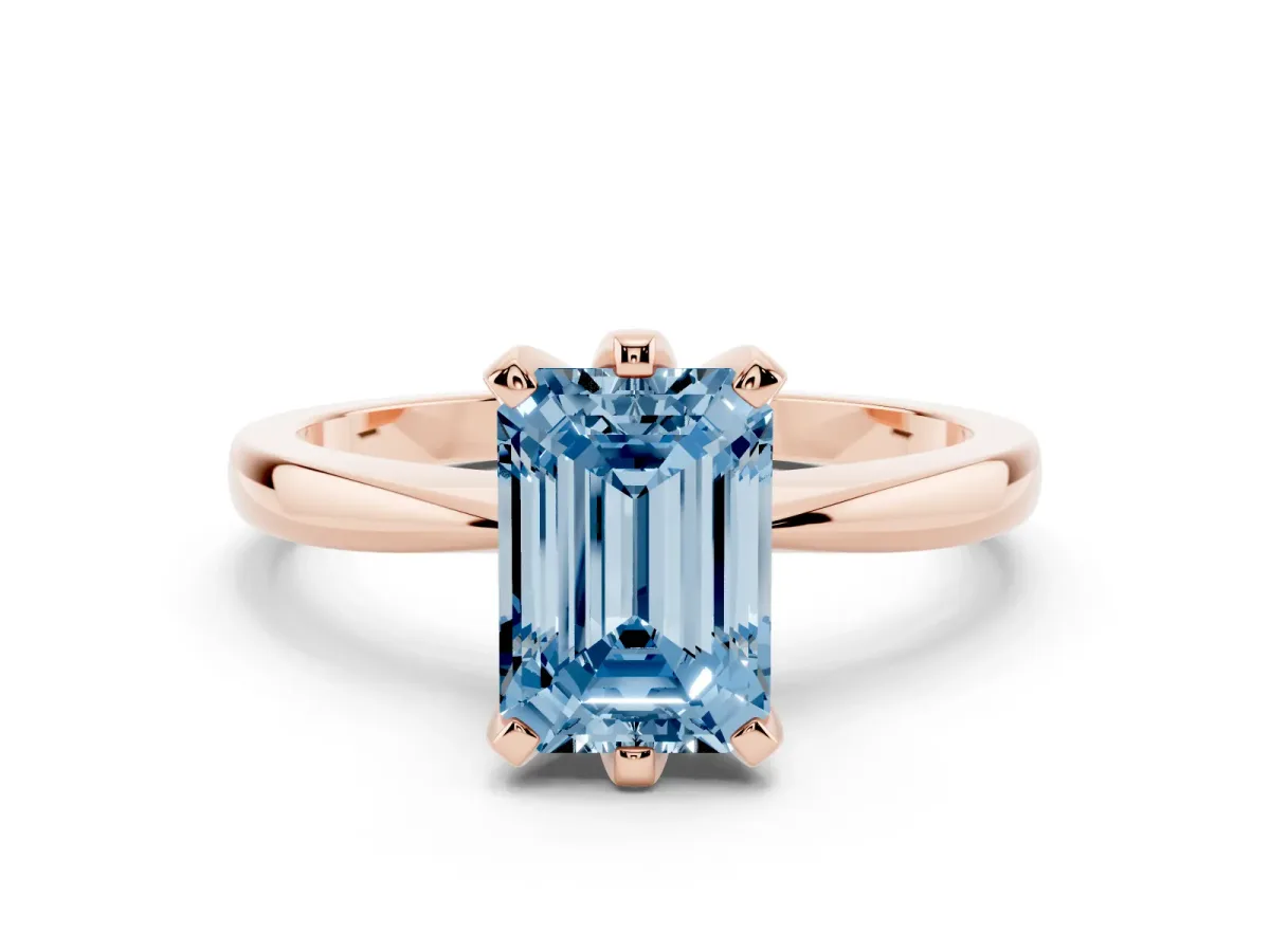Fancy Blue Emerald Cut Solitaire Engagement Ring with Six-Prong Setting and Tapered Band Rose gold