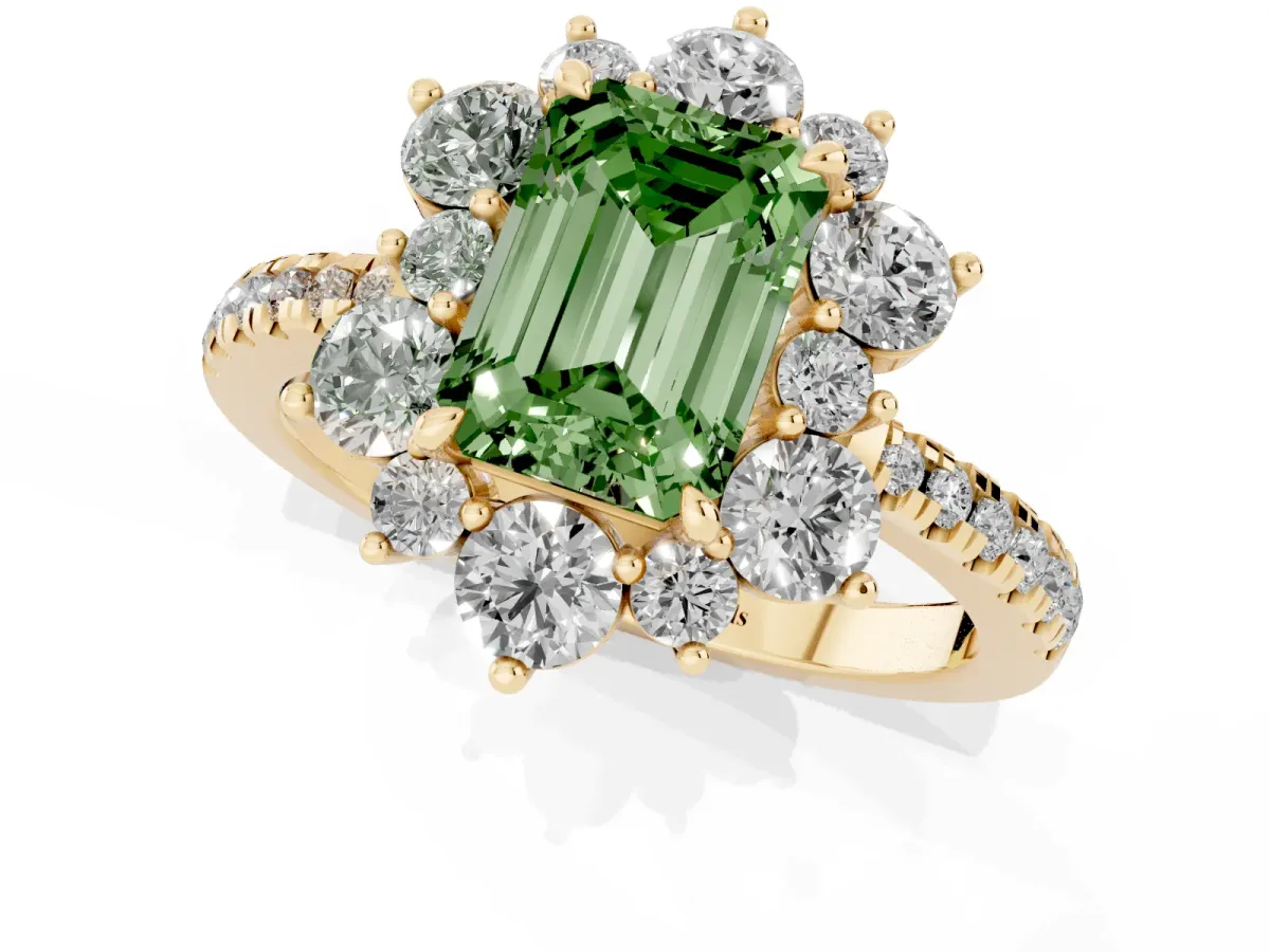 Fancy Green Emerald Cut Diamond Floral Halo Ring with Round Pavé Band and Prong Setting Yellow gold