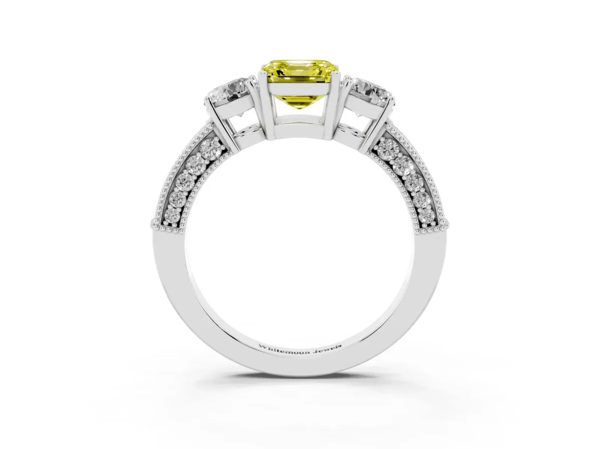 Fancy Yellow Asscher Cut Three-Stone Diamond Ring with Pavé Band and Four-Prong Setting Silver