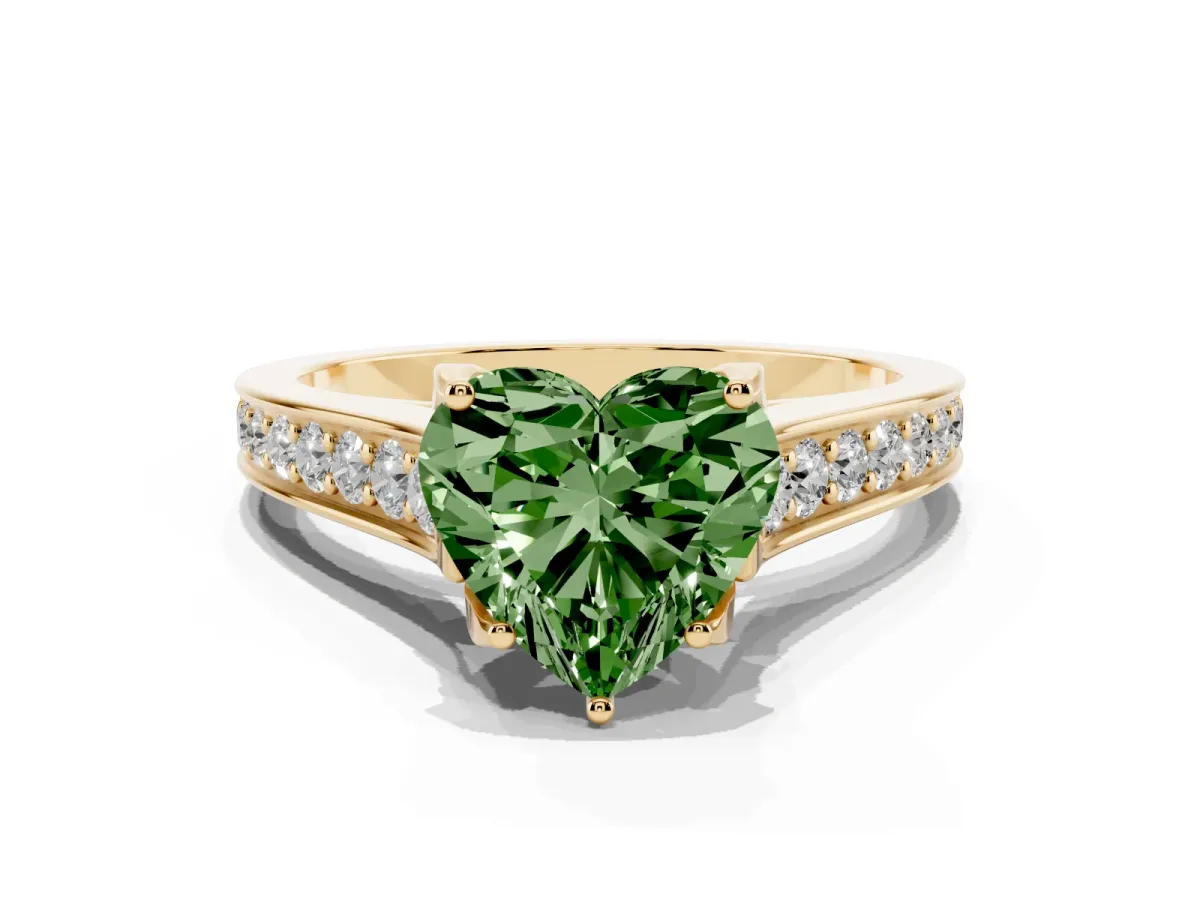 Fancy Green Heart Cut Brilliant Cut Diamond Engagement Ring with Pavé Band and Four-Prong Setting Yellow gold