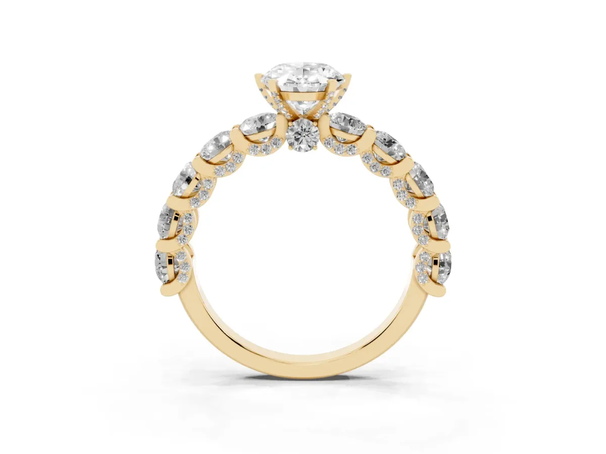 Oval Cut Diamond Side Stone Engagement Ring with Four-Prong Setting Yellow gold