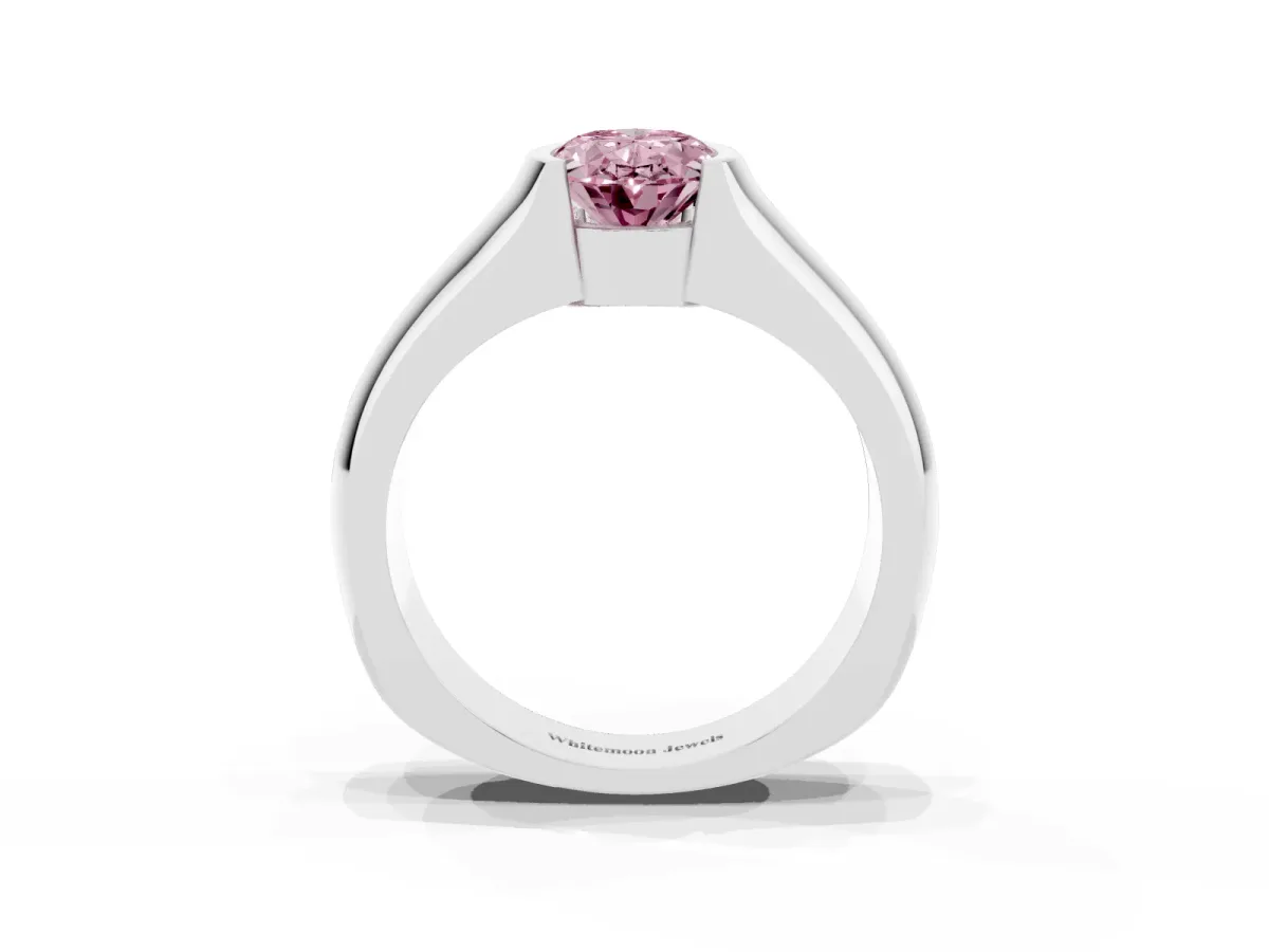 Fancy Pink Oval Cut Solitaire Bezel Set Diamond Ring with Wide Band Silver