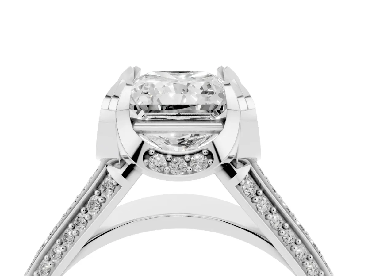 Radiant Cut Solitaire Pave Split Shank Ring with Four-Prong Setting Silver