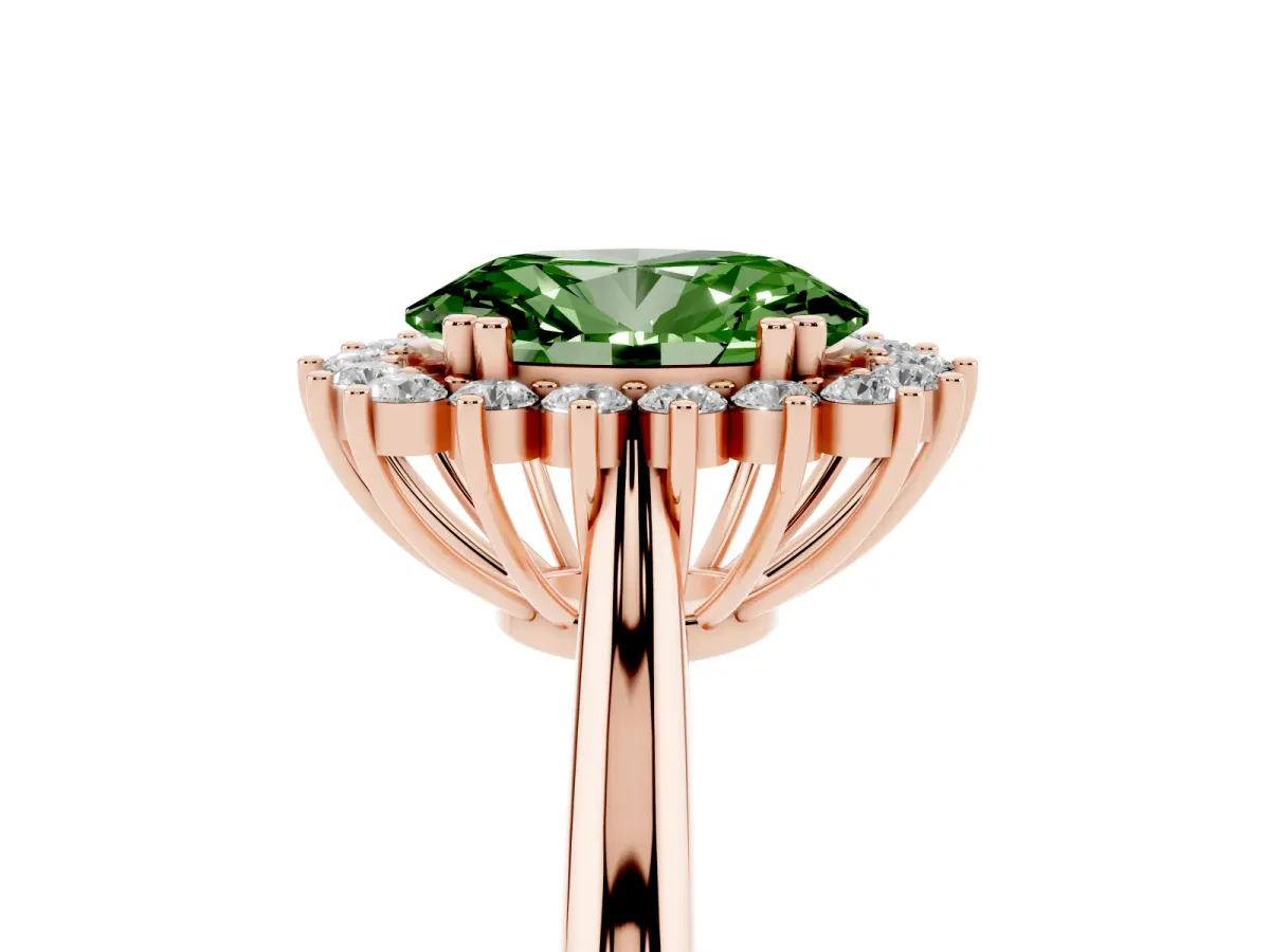 Fancy Green Oval Cut Cut Diamond Halo Ring with Solitaire Band and Prong Setting Rose gold