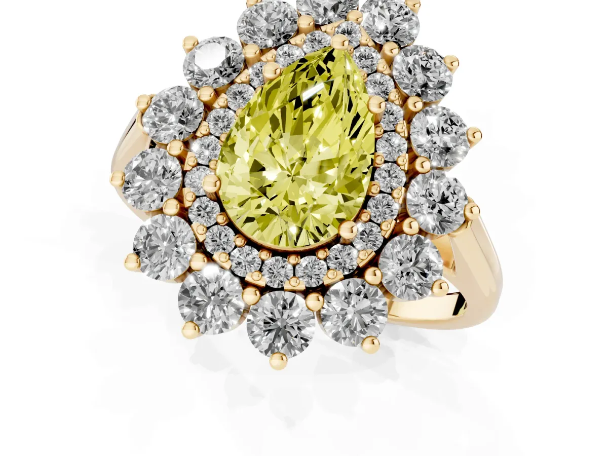 Fancy Yellow Pear Cut Diamond Floral Double Halo Engagement Ring with Prong Setting Yellow gold