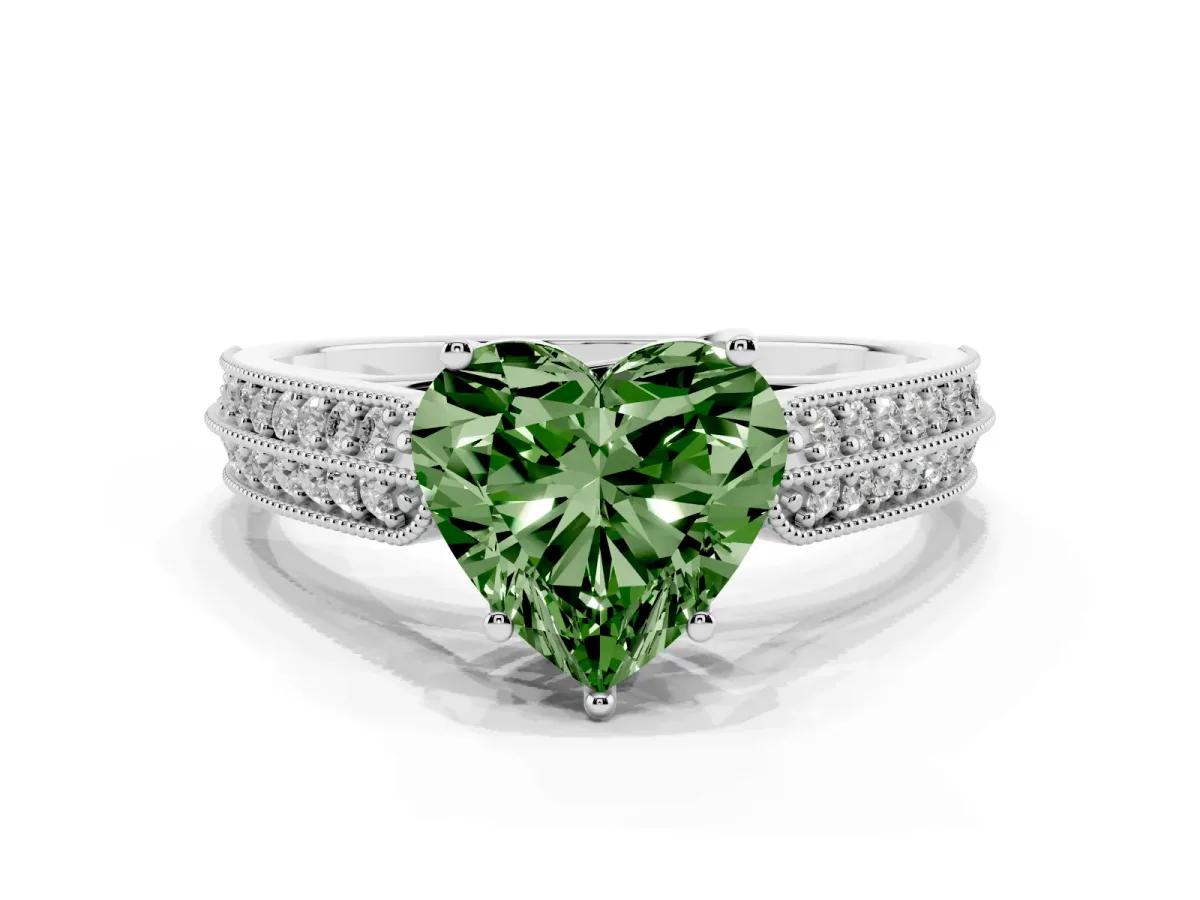 Fancy Green Heart Cut Cut Pave Split Shank Engagement Ring with Four-Prong Setting White gold