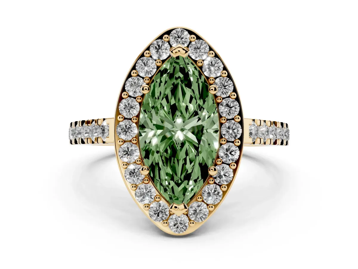 Fancy Green Marquise Cut Diamond Halo Ring with Round Pavé Split Shank and Prong Setting Yellow gold