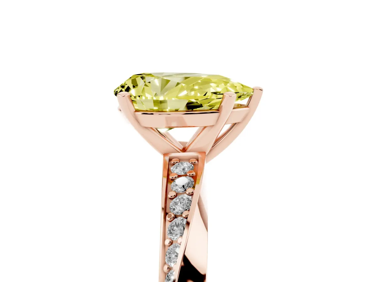 Fancy Yellow Pear Cut Diamond Engagement Ring with Side Stone Accents and Four-Prong Setting Rose gold