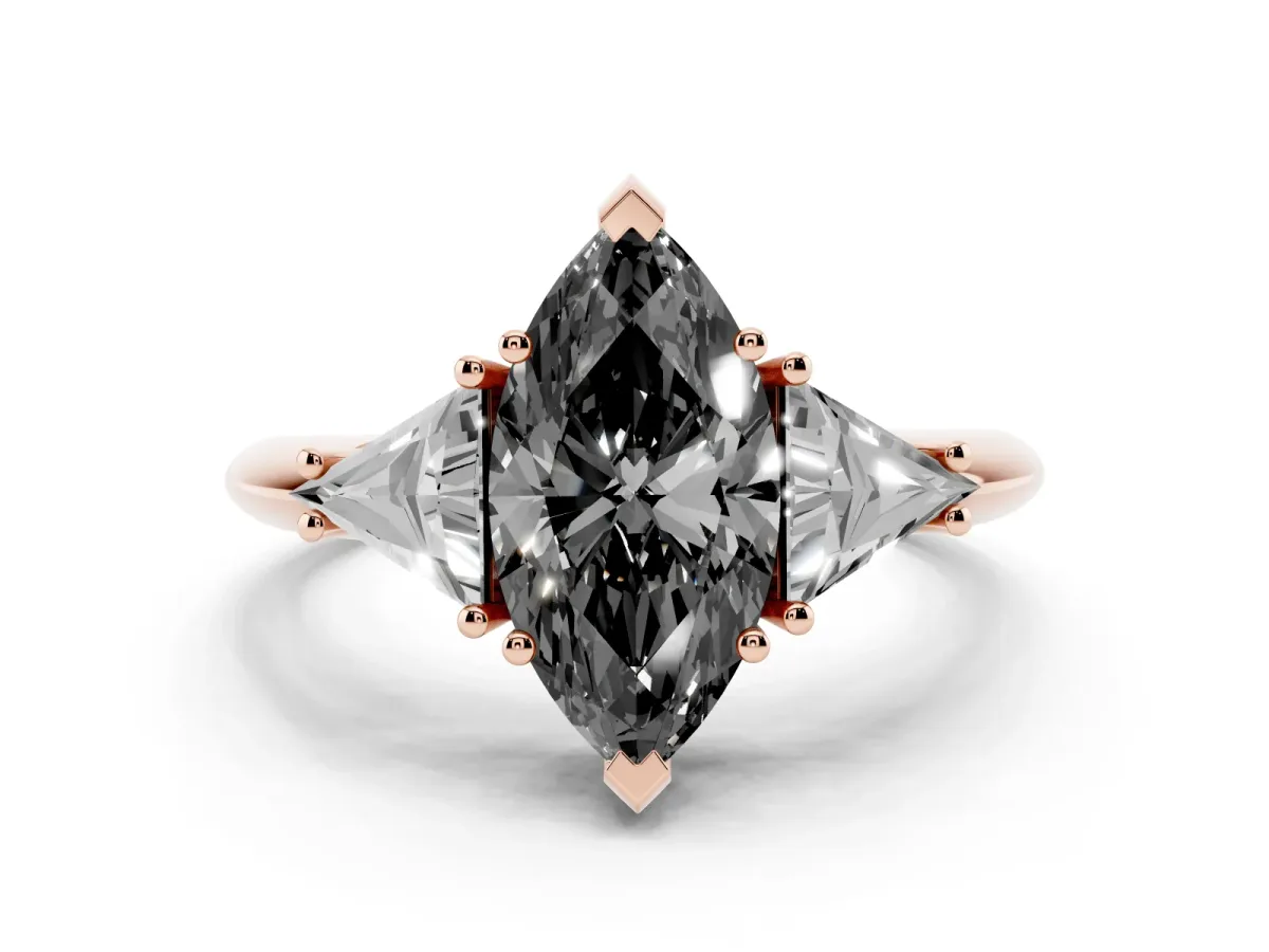 Fancy Black Three-Stone Marquise Cut Diamond Engagement Ring with Trillion Side Stones and Prong Setting Rose gold