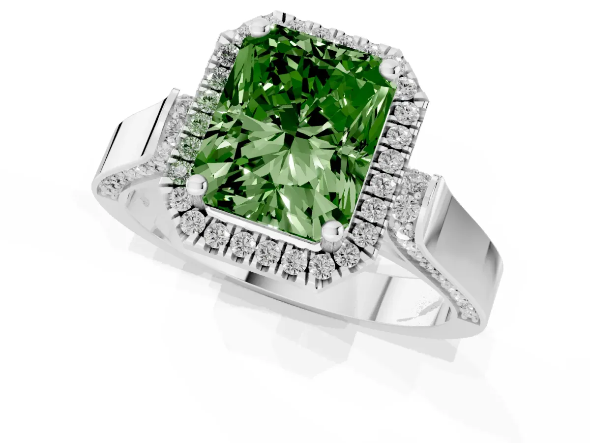 Fancy Green Radiant Cut Halo Pave Split Shank Prong Setting Ring Platinum