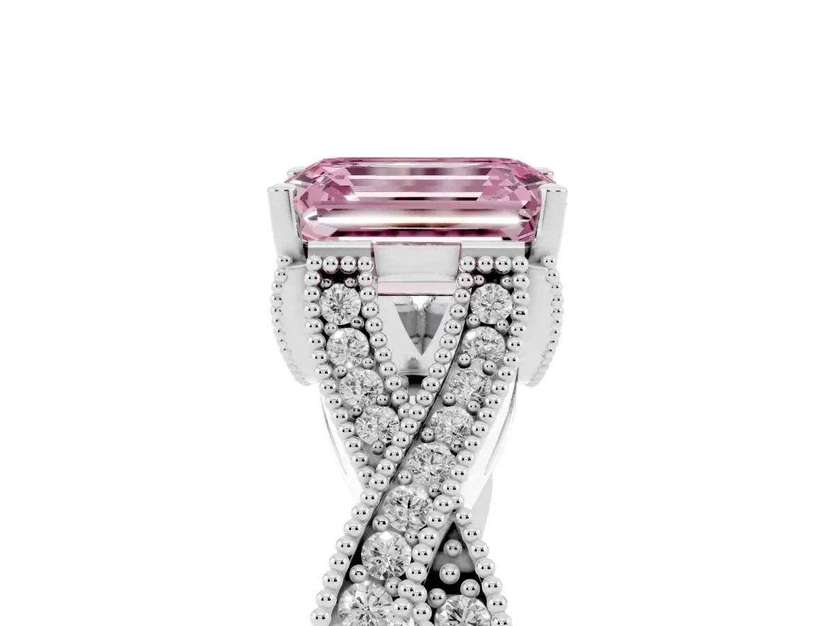 Fancy Pink Emerald Cut Cut Diamond Twisted Band with Milgrain Pave Setting and Four-Prong Setting Silver