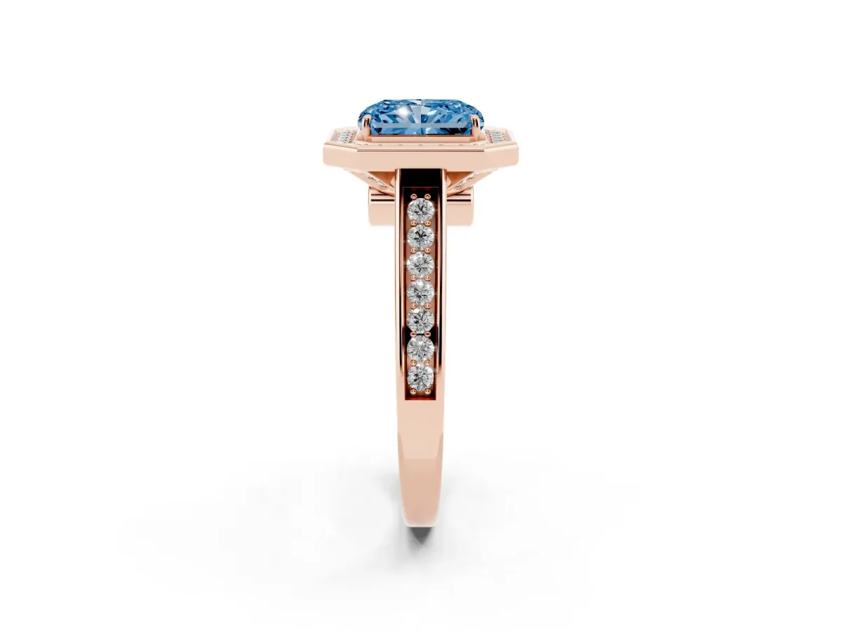 Fancy Blue Radiant Cut Halo Solitaire Diamond Ring with Pave Band and Bezel Setting Rose gold