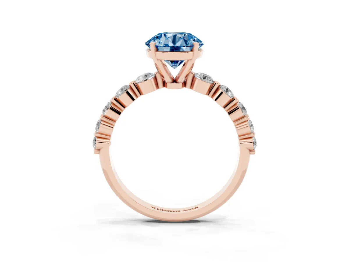 Fancy Blue Round Cut Solitaire Diamond Ring with Pave Band and Four-Prong Setting Rose gold