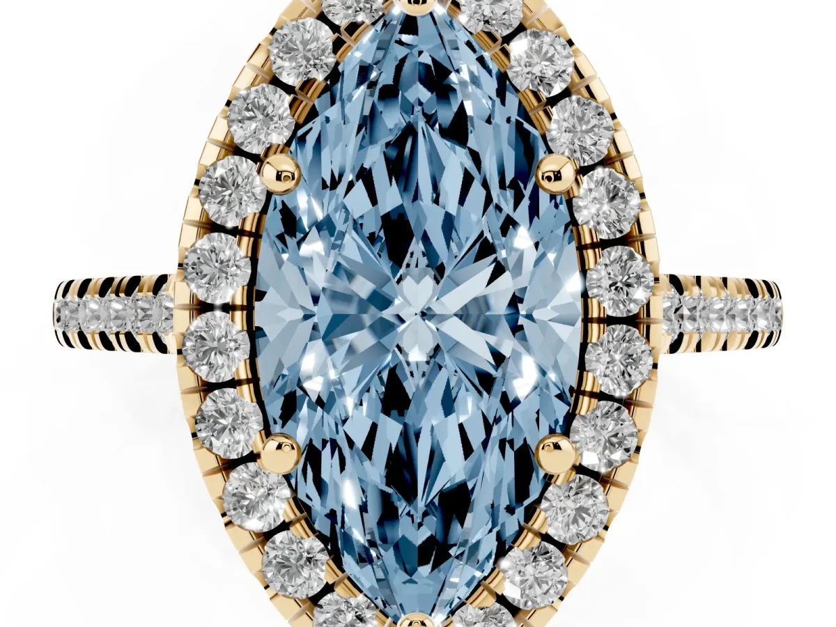 Fancy Blue Marquise Cut Diamond Cushion Halo Ring with Pavé Band Yellow gold