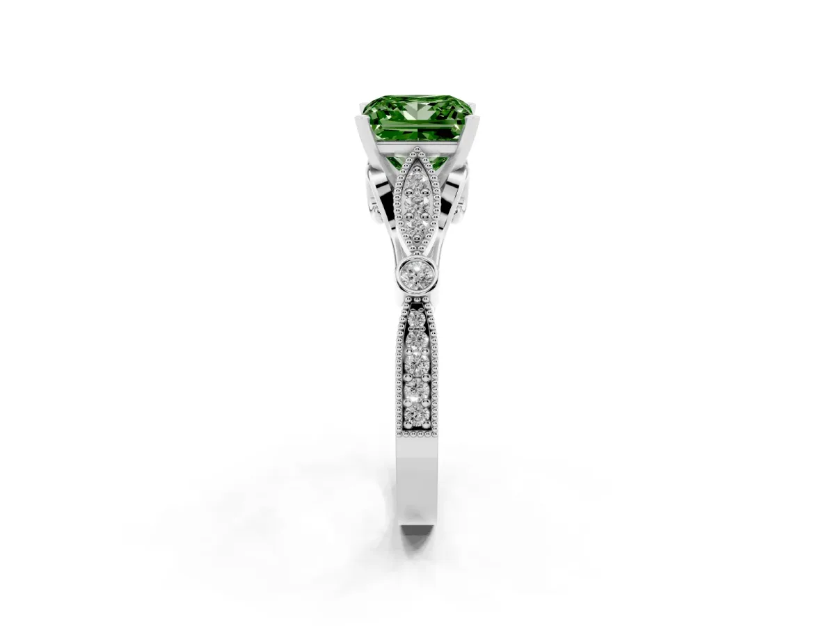 Fancy Green Princess Cut Cut Diamond with Milgrain Marquise and Bezel Accents on a Solitaire Band with Prong Setting White gold