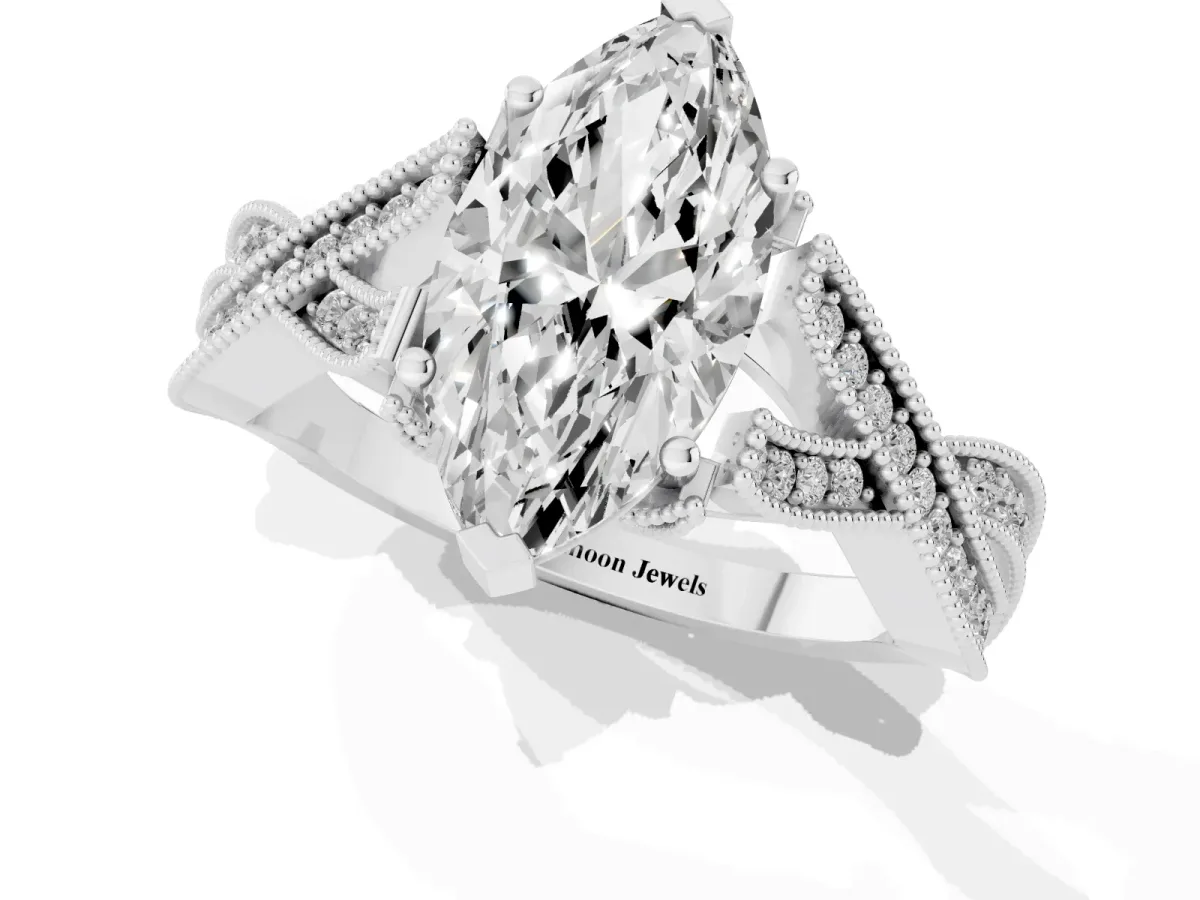 Marquise Cut Cut Diamond Twisted Band with Milgrain Pave Setting and Four-Prong Setting Silver