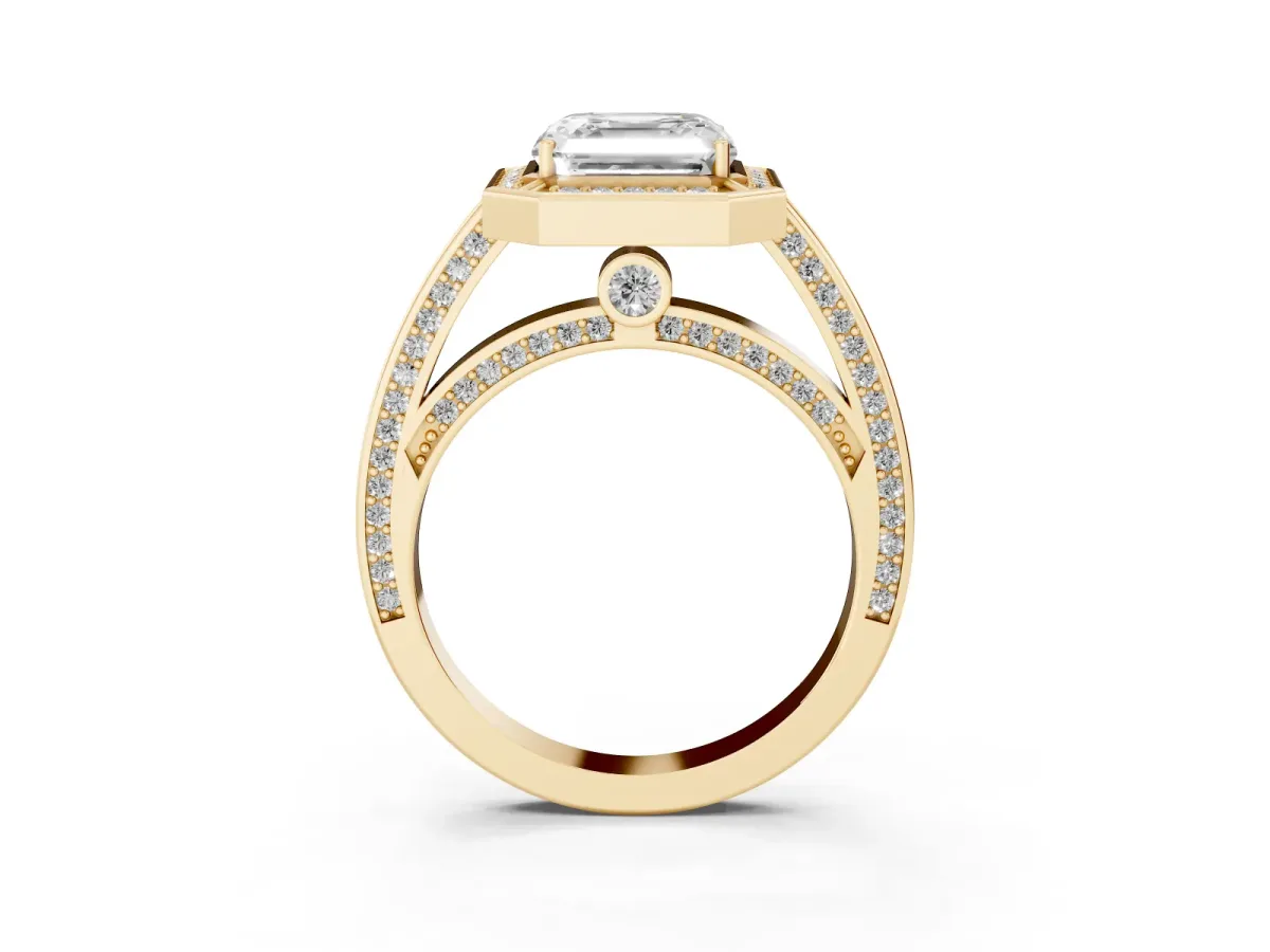 Asscher Cut Cut Halo Pave Split Shank Prong Setting Ring Yellow gold